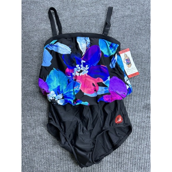 2 Bamboo Swimsuit Womens Medium Black Floral One Piece Tummy‎ Control New - Picture 1 of 8